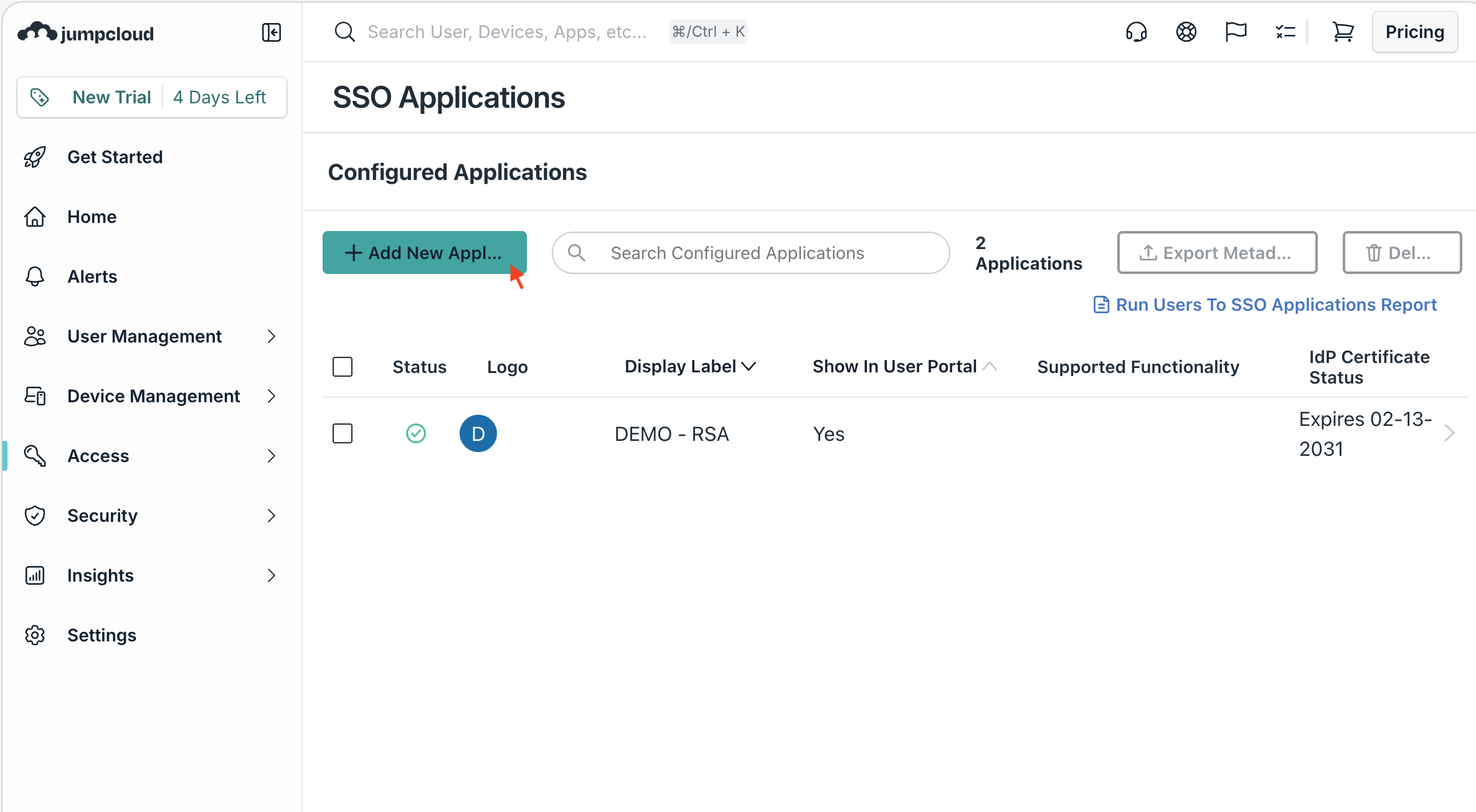 JumpCloud Add New Application button
