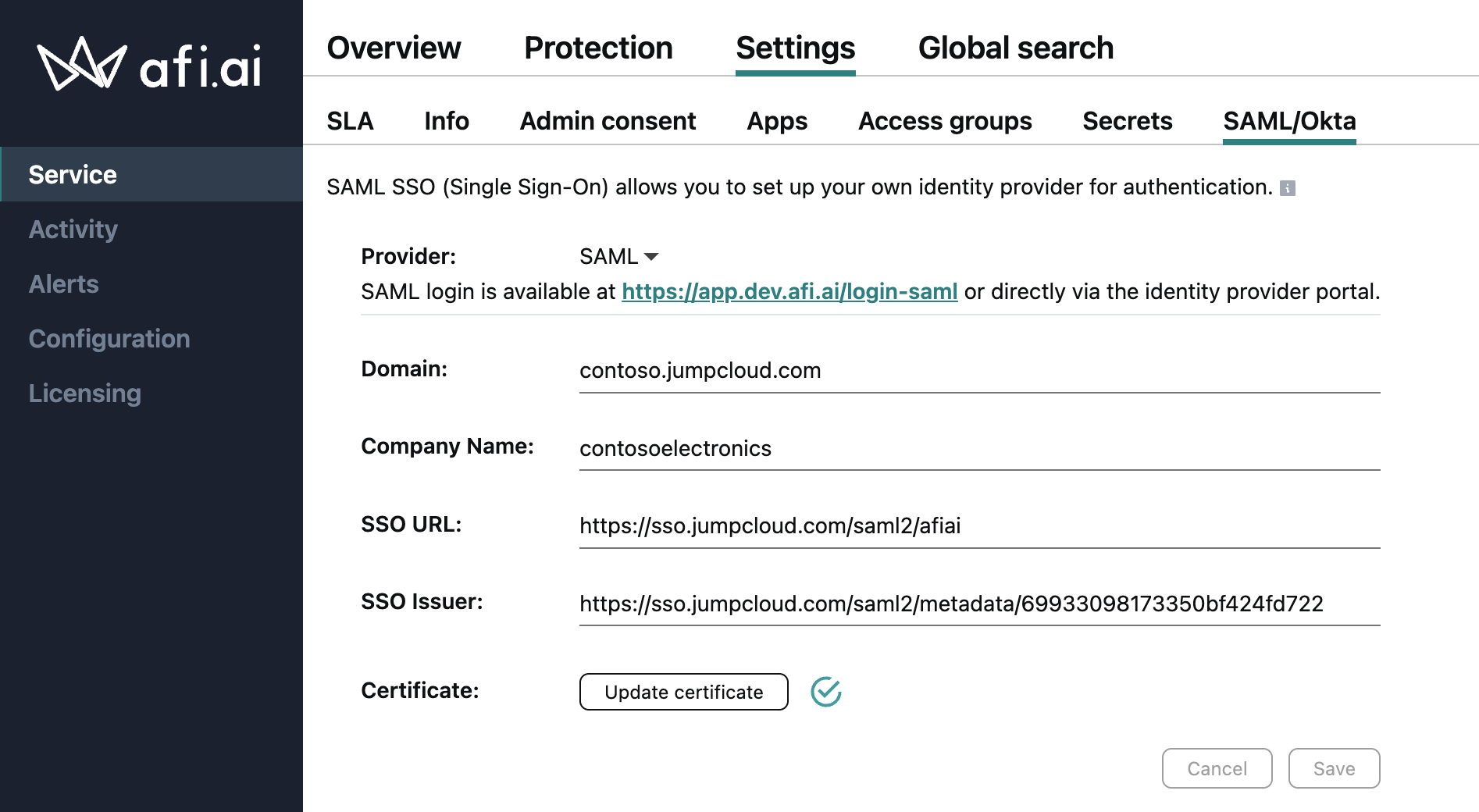 Afi SAML configuration settings showing domain, company name, SSO URL, SSO Issuer, and certificate fields