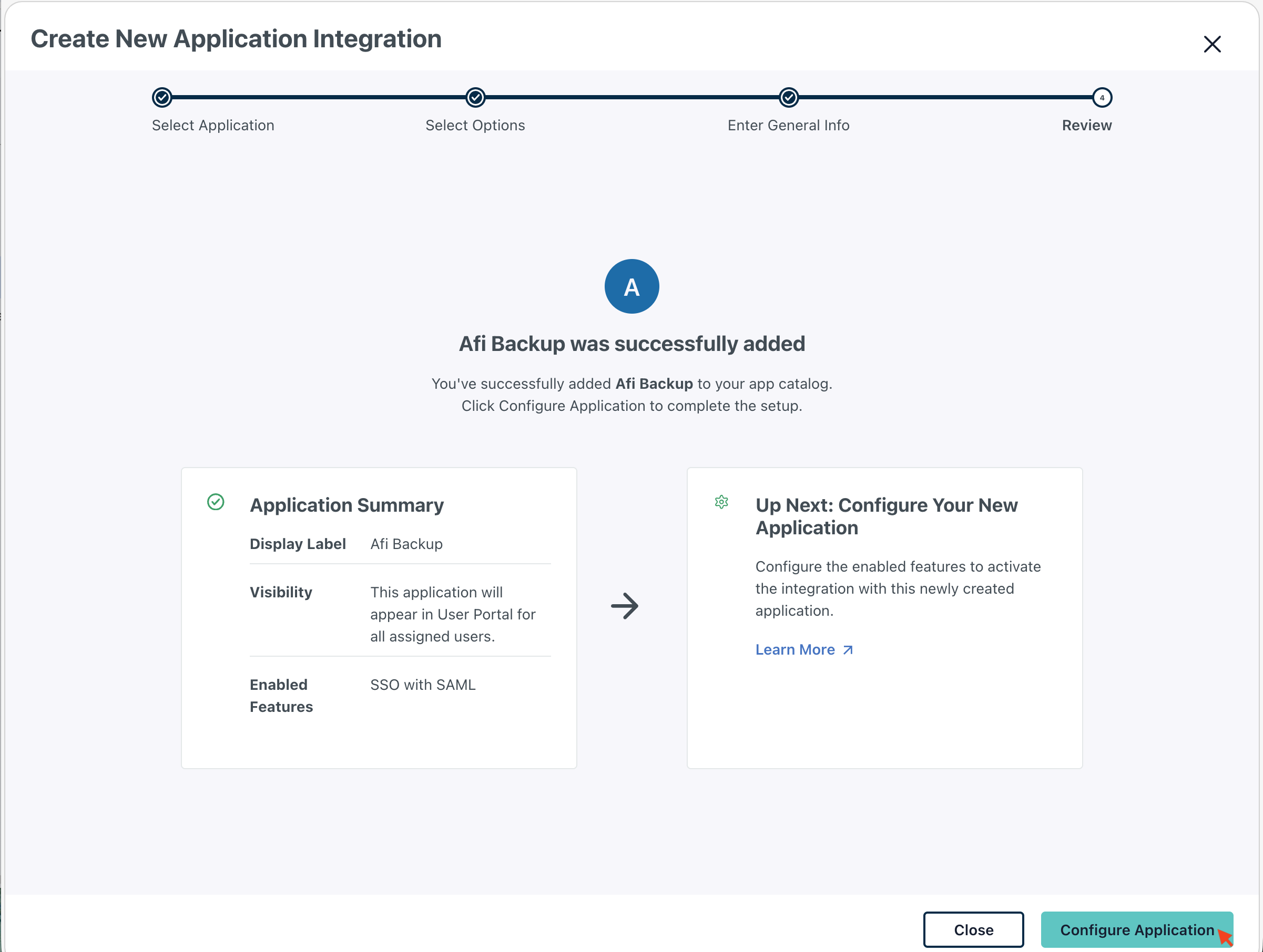 JumpCloud application successfully added confirmation screen