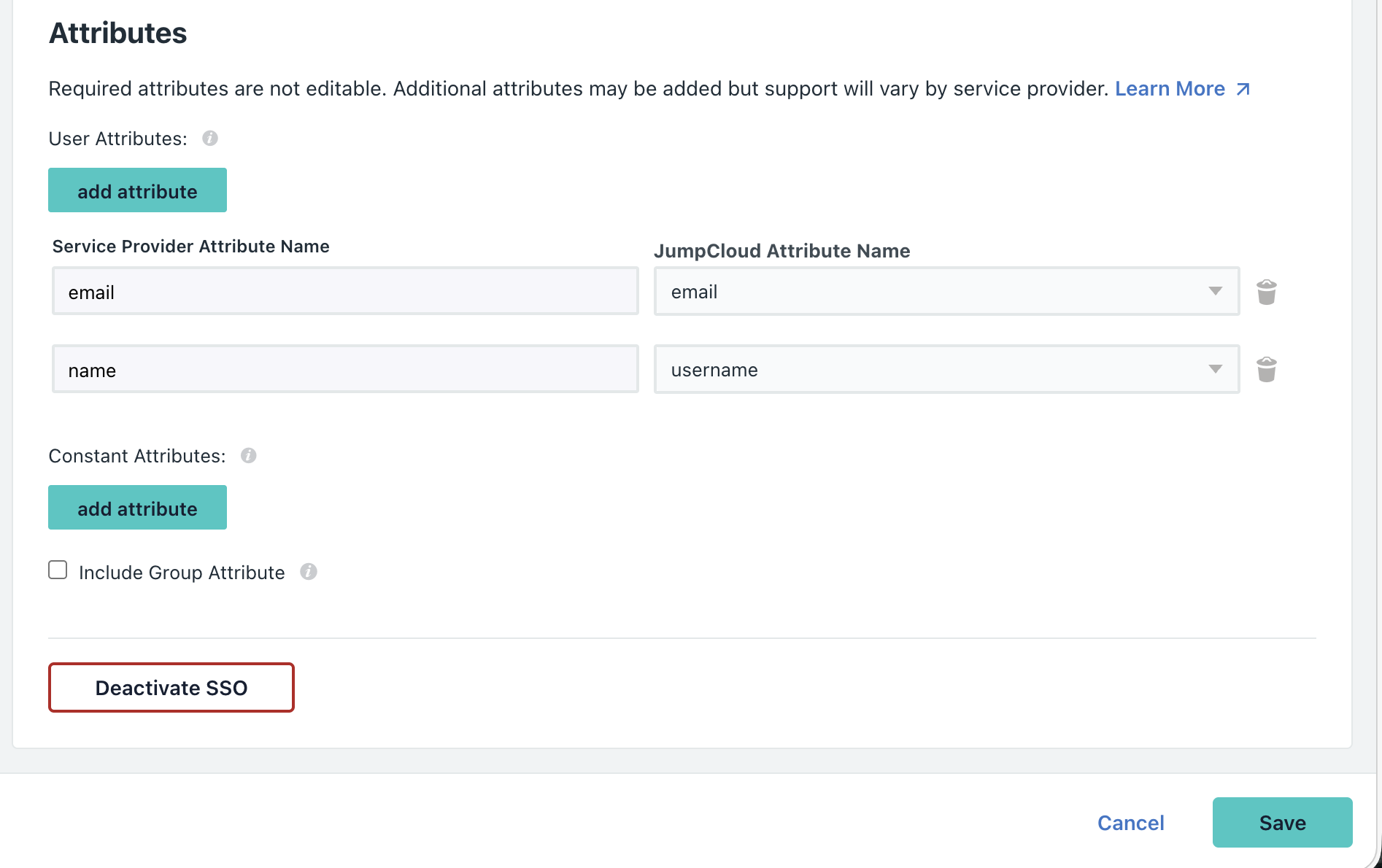 JumpCloud user attribute mapping configuration
