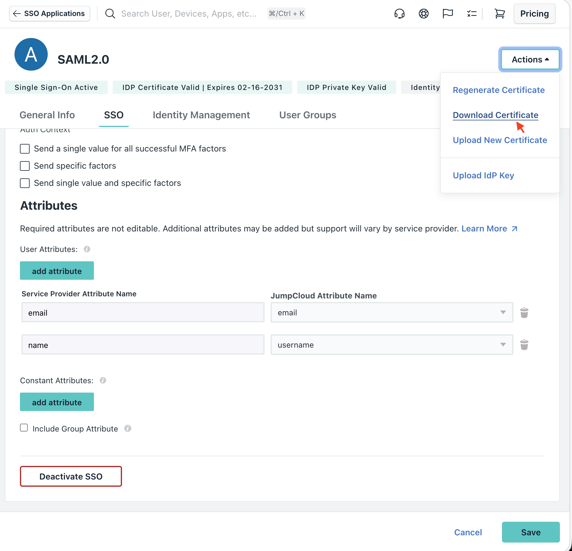 JumpCloud download certificate option in Actions menu