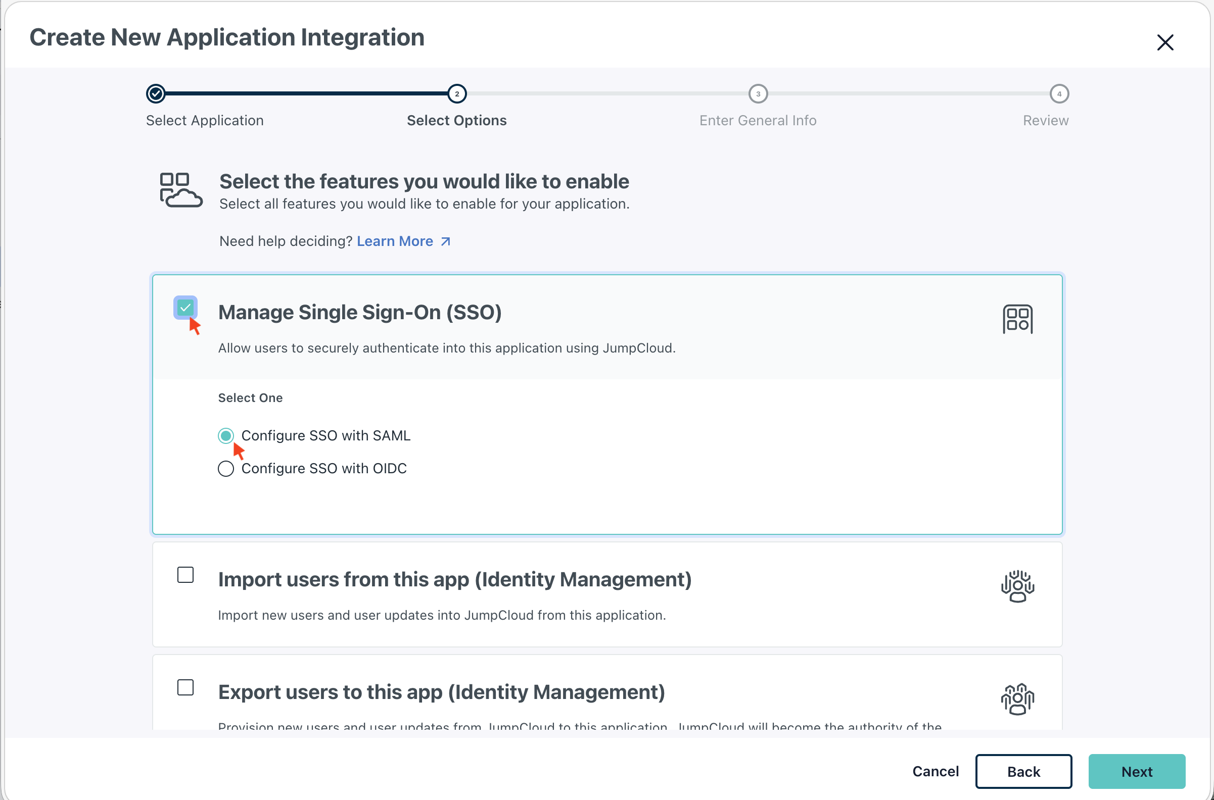 JumpCloud SSO configuration options showing SAML selection