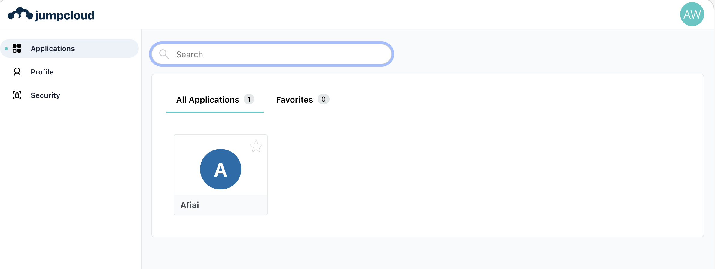 JumpCloud end-user portal showing Afi application for identity provider-initiated login
