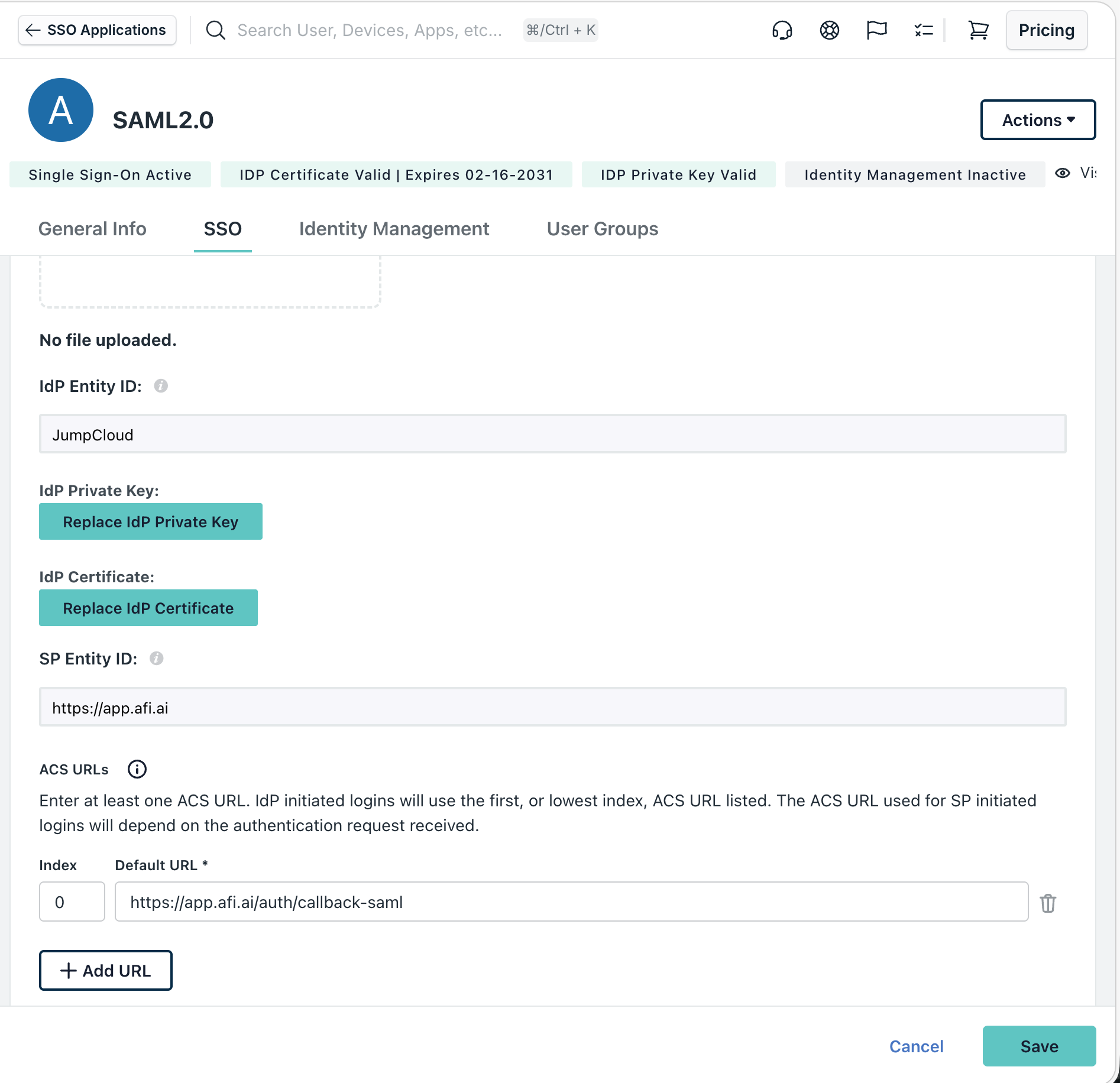 JumpCloud IdP Entity ID, SP Entity ID, and ACS URLs configuration