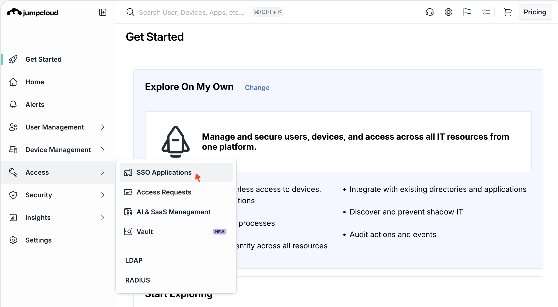 JumpCloud Admin Portal showing Access menu and SSO Applications option