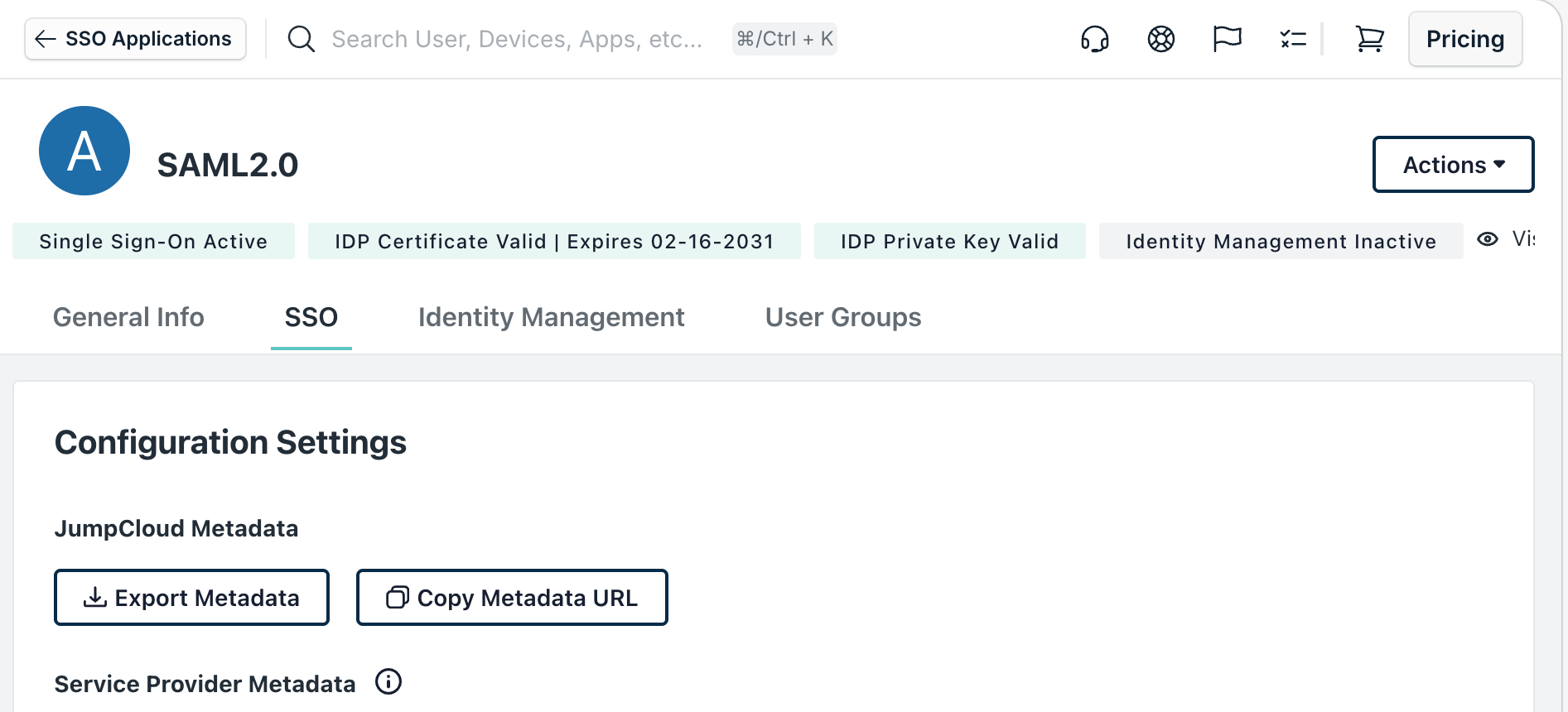 JumpCloud SAML metadata URL field