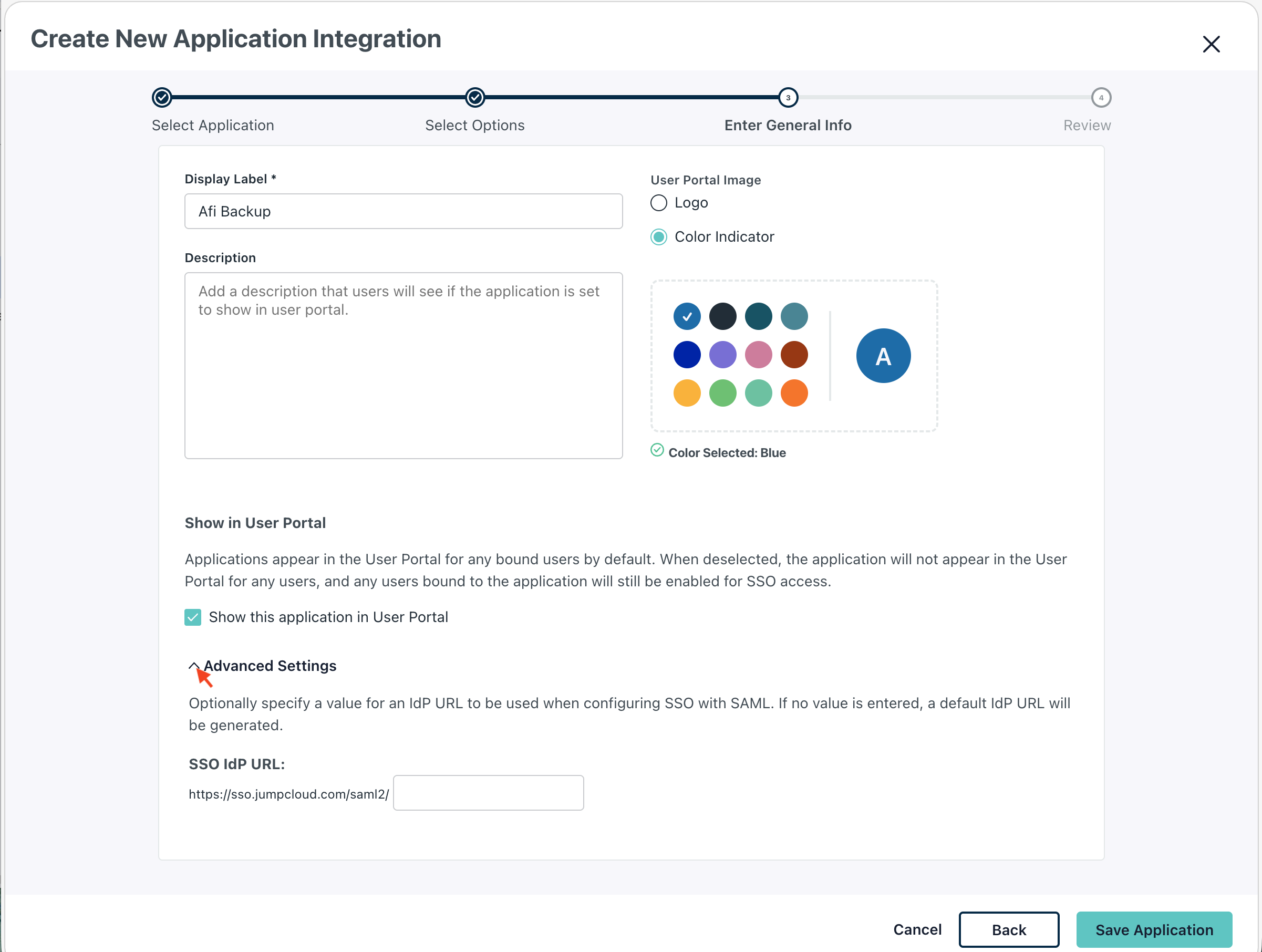 JumpCloud application configuration showing Display Label and Advanced Settings