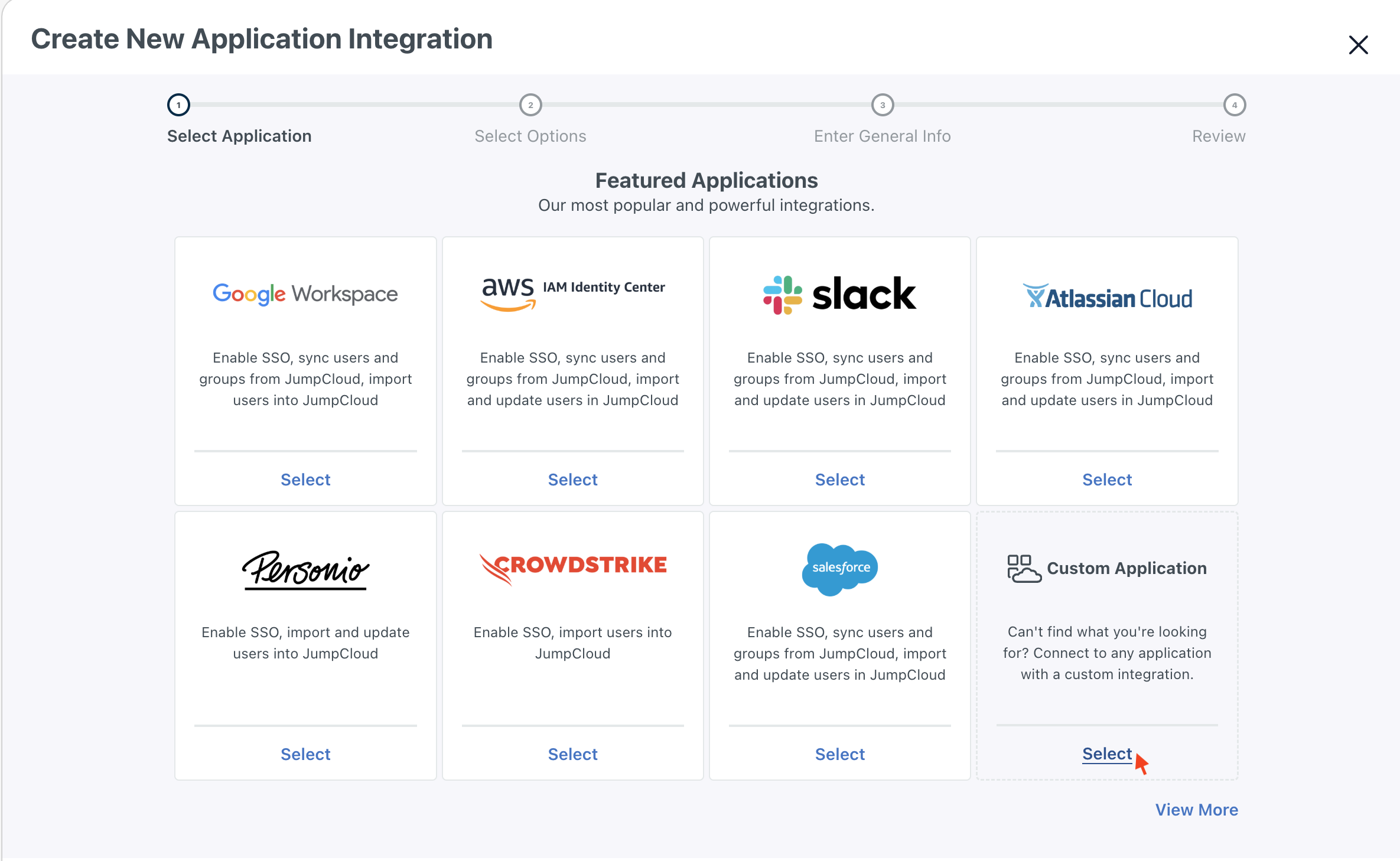 JumpCloud Custom Application selection screen