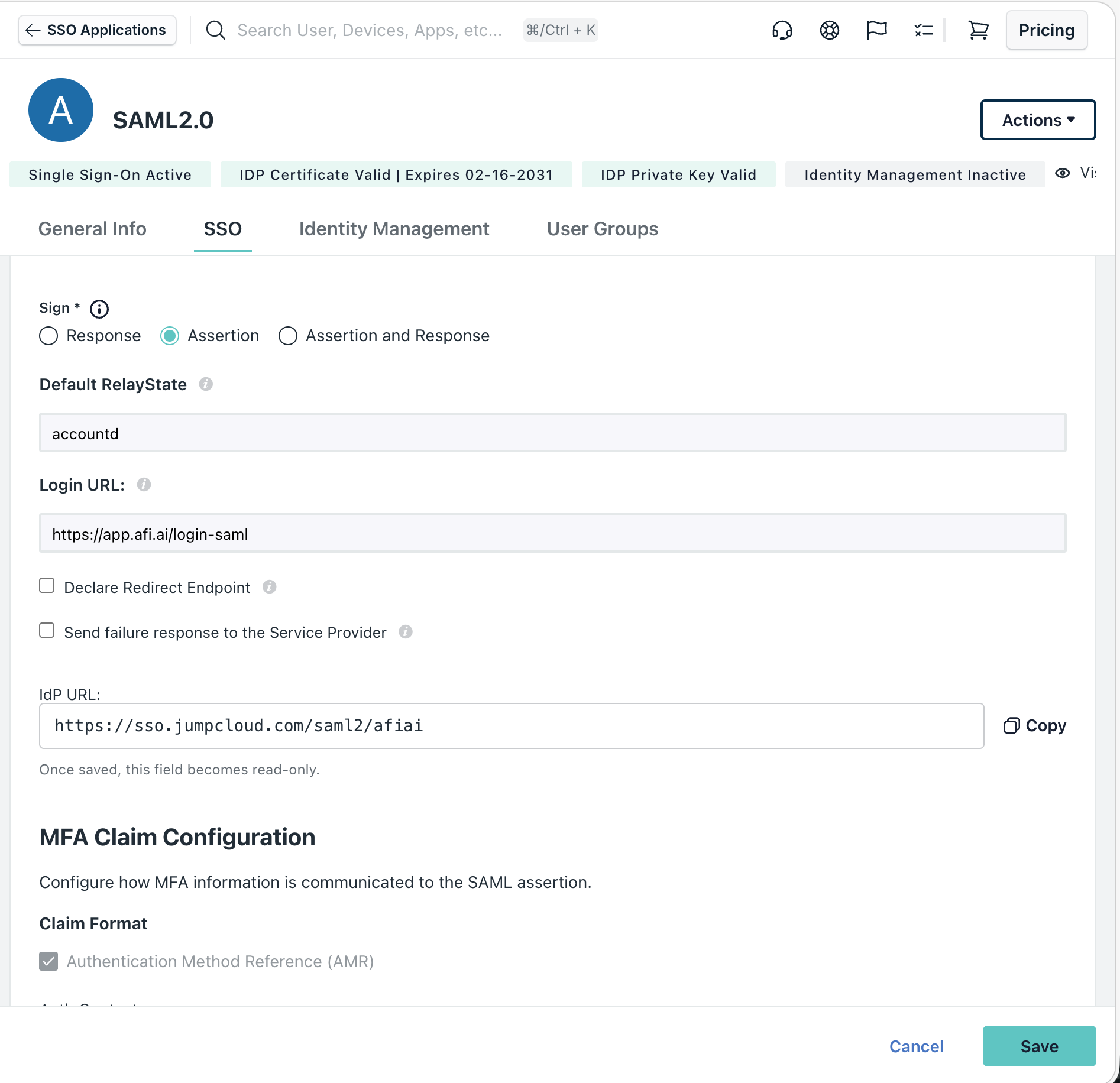 JumpCloud signature, RelayState, Login URL, and IdP URL settings