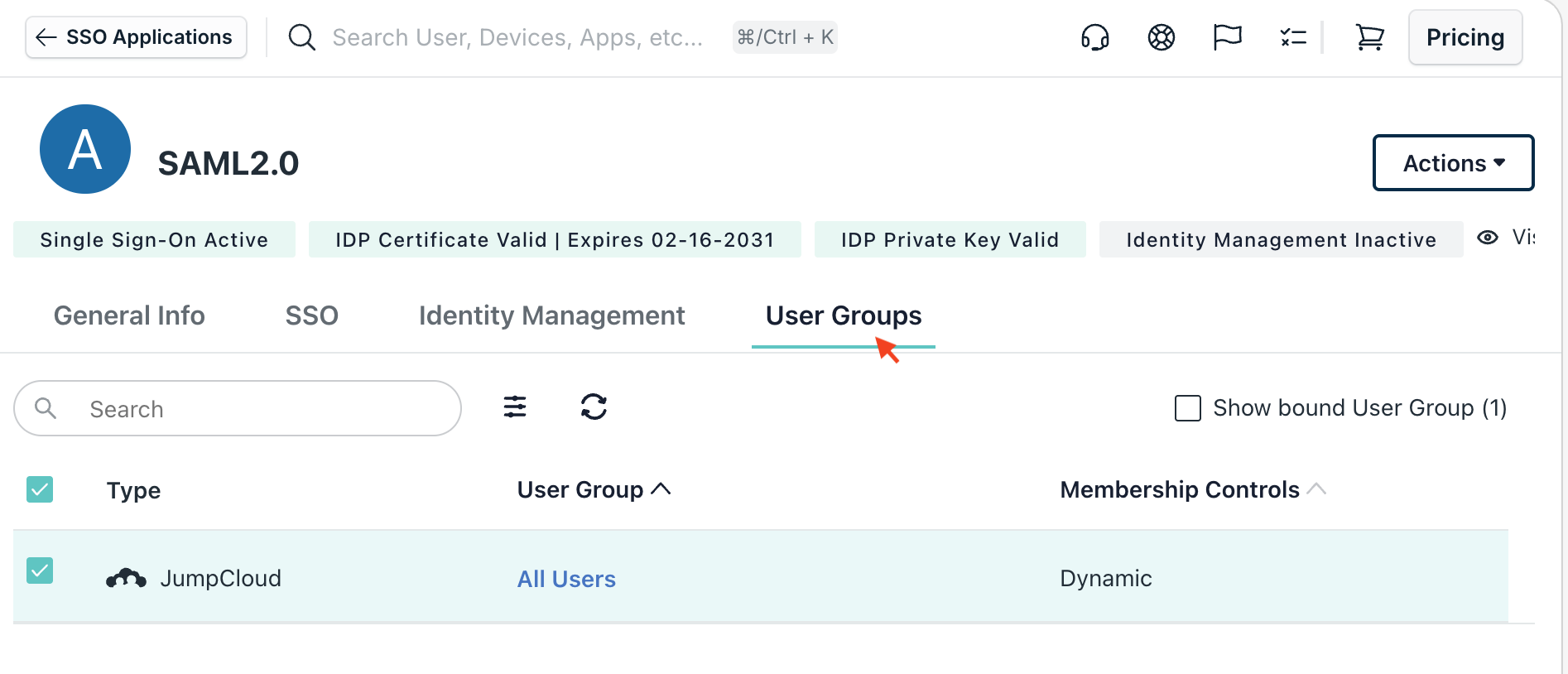 JumpCloud user assignment interface showing user groups and individual users