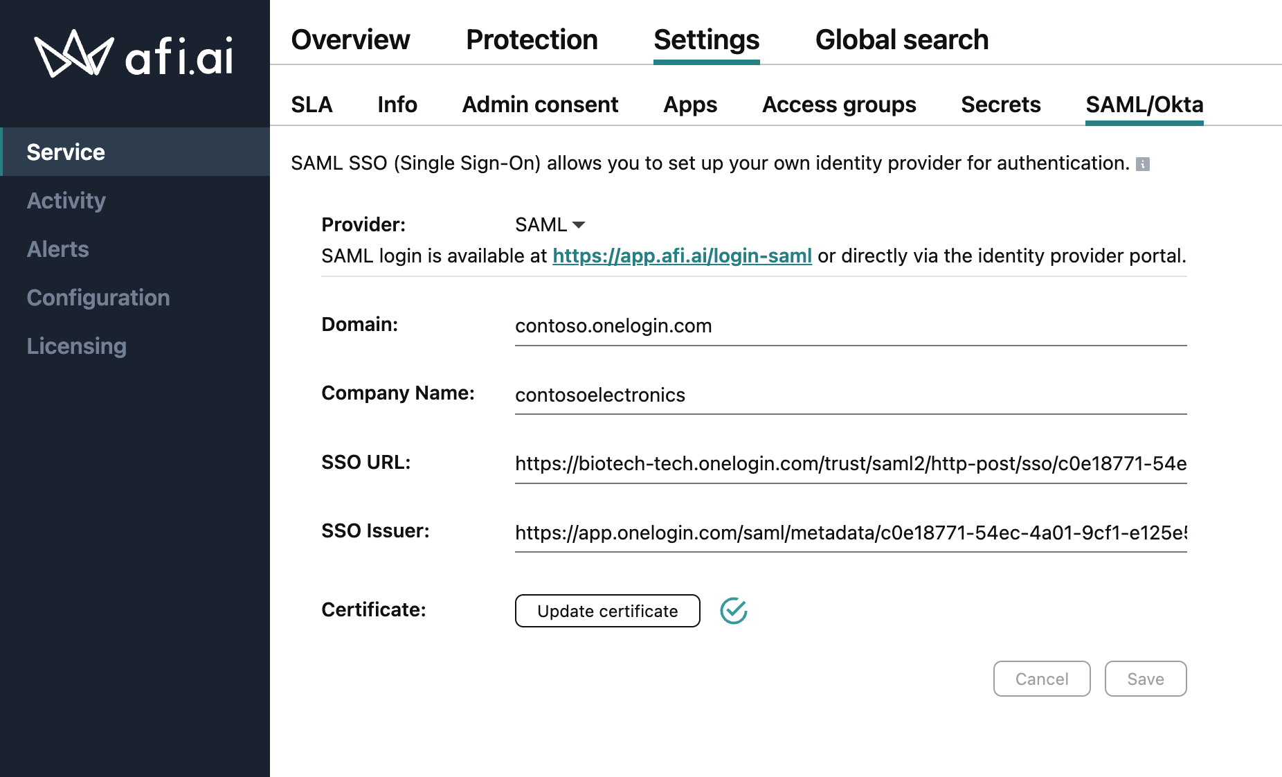 Afi SAML configuration settings showing domain, company name, SSO URL, SSO Issuer, and certificate fields