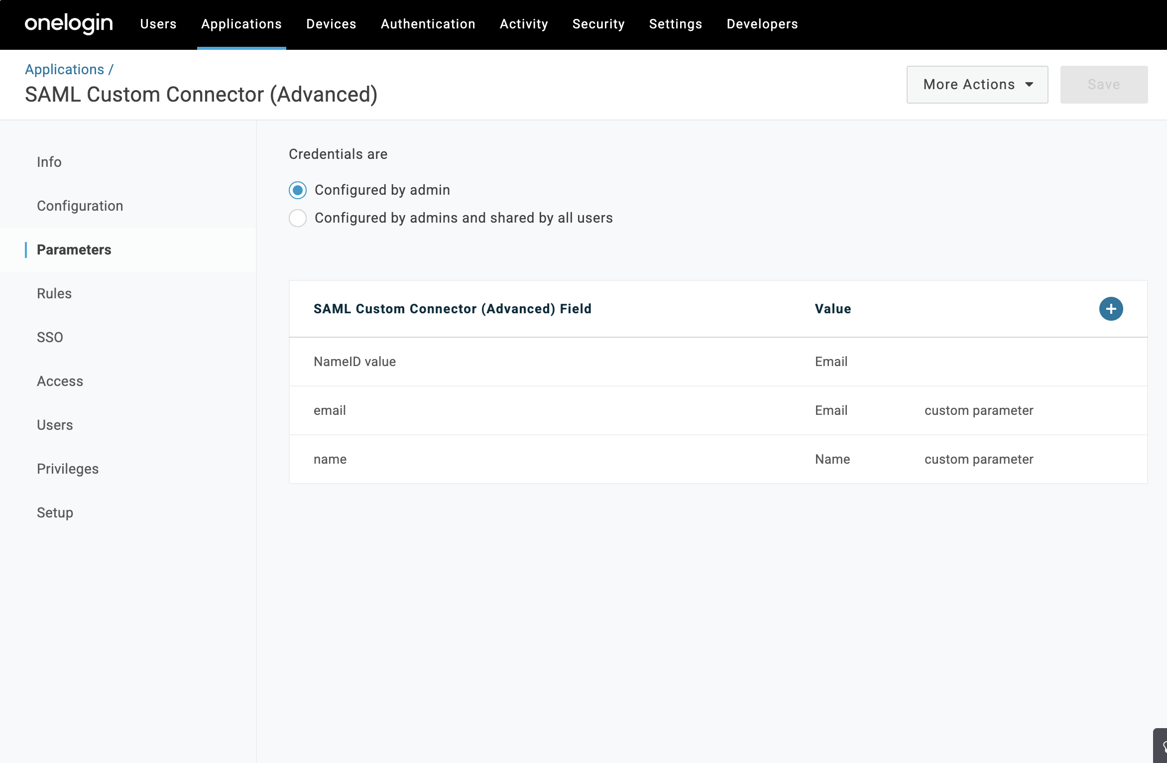 OneLogin Parameters tab showing email and name fields configuration