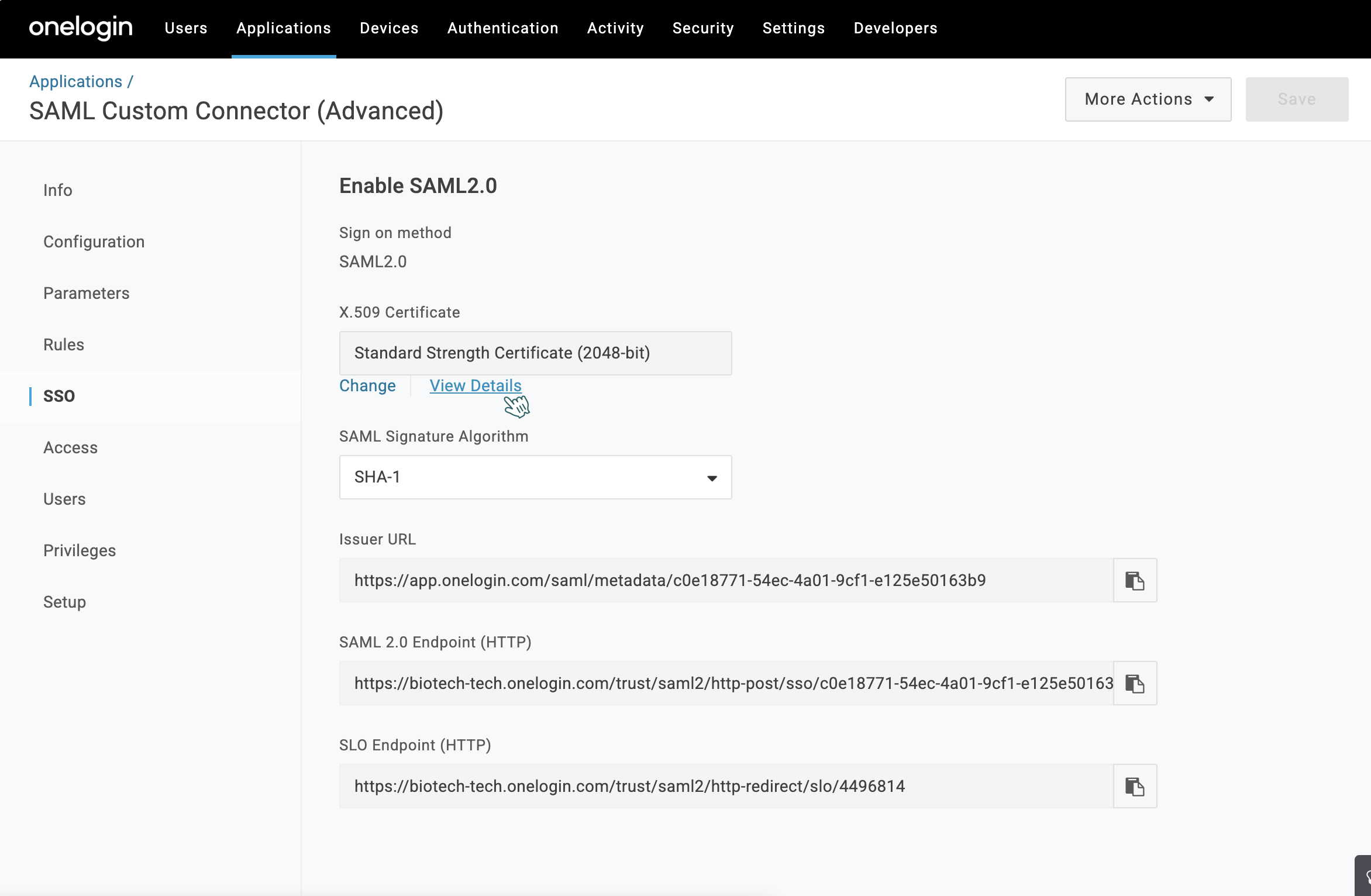 OneLogin X.509 Certificate view details