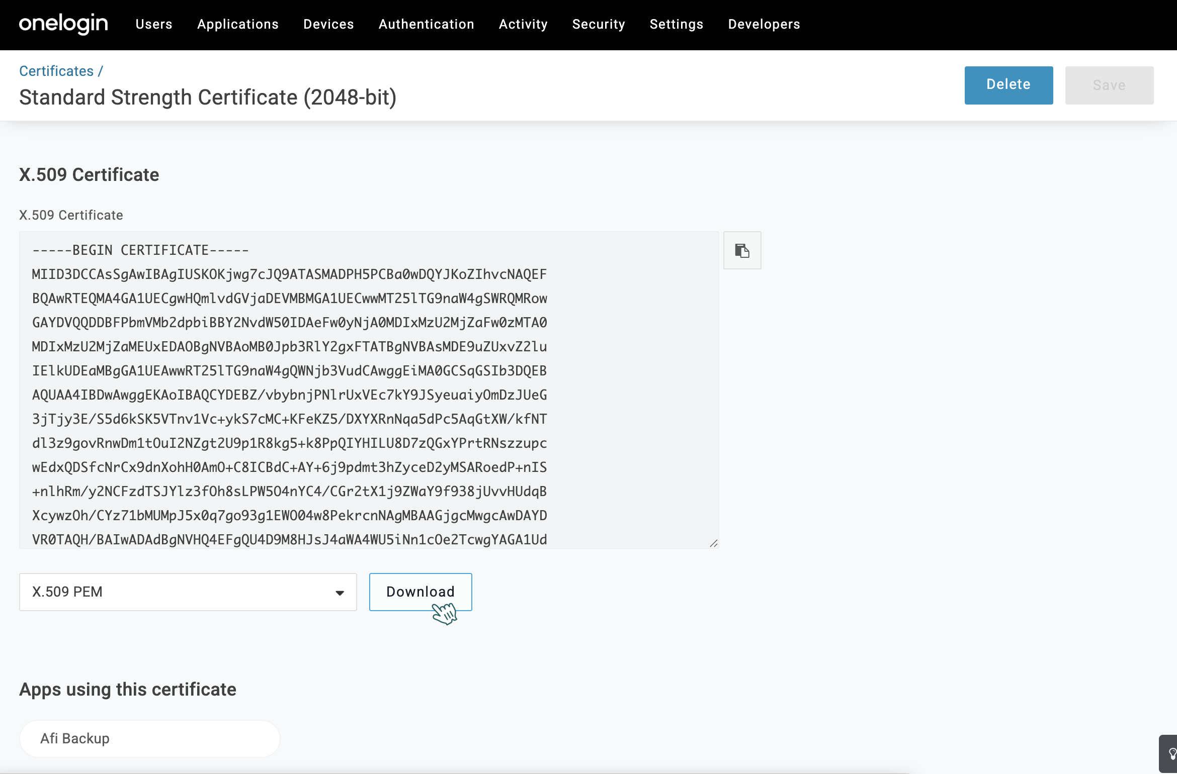 OneLogin X.509 Certificate download option
