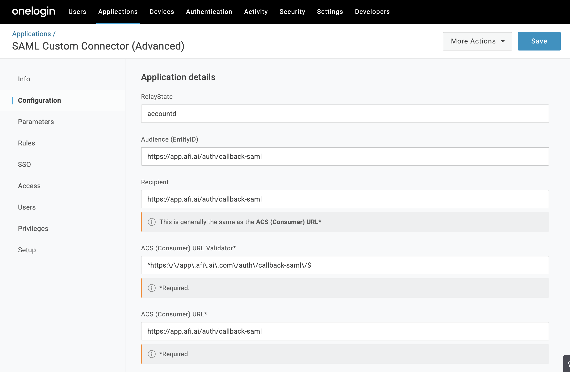 OneLogin Configuration tab showing Application details fields