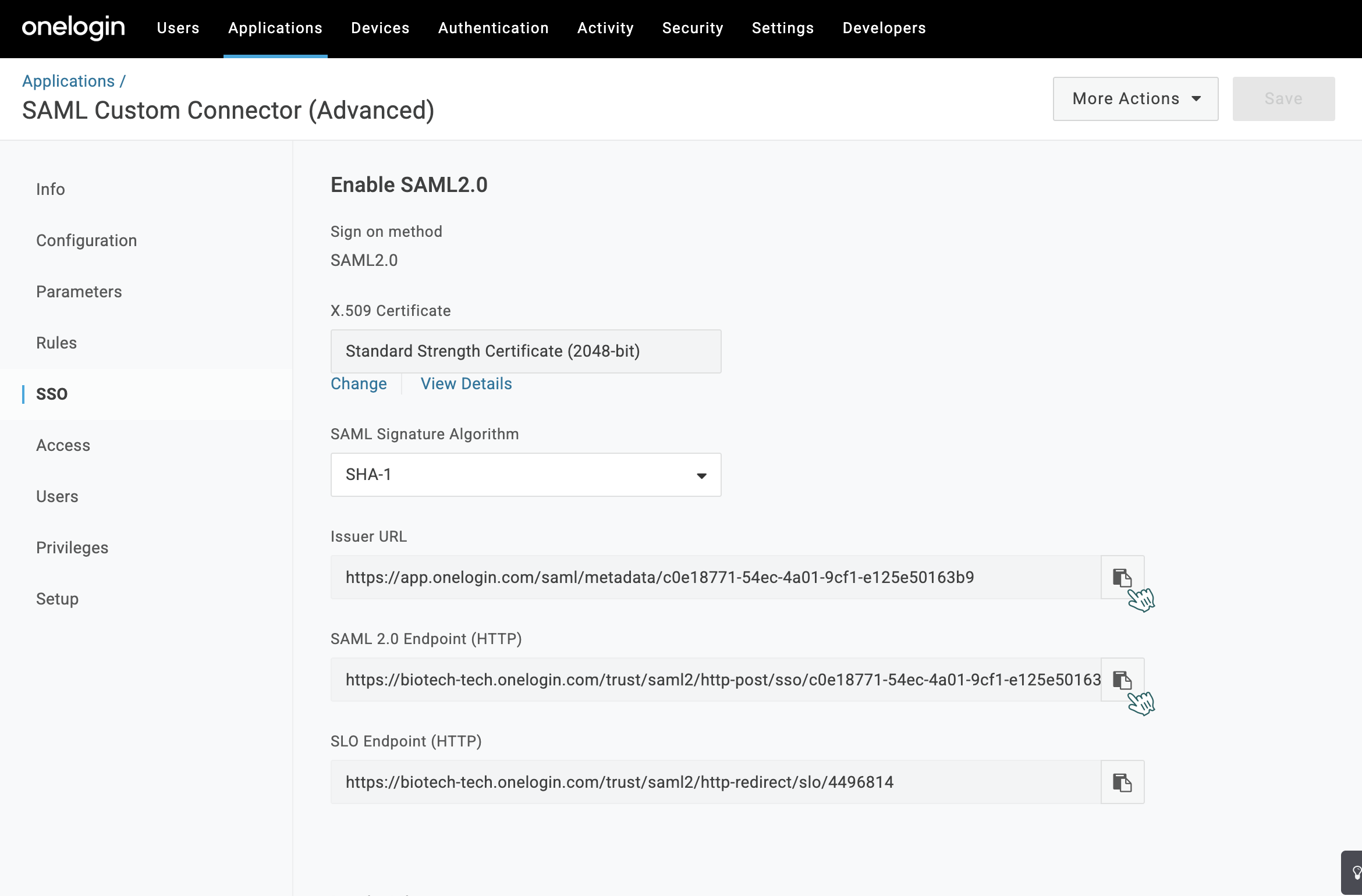 OneLogin SSO tab showing Issuer URL and SAML 2.0 Endpoint