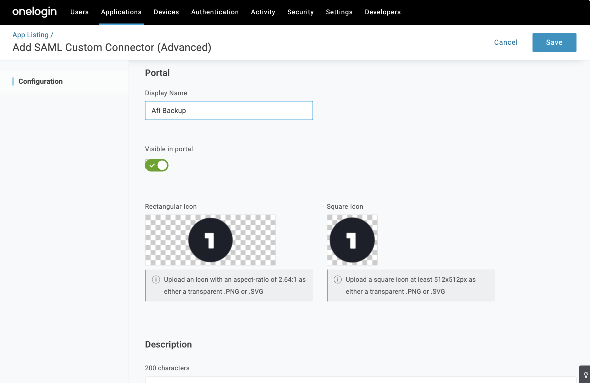 OneLogin application configuration showing Display Name field