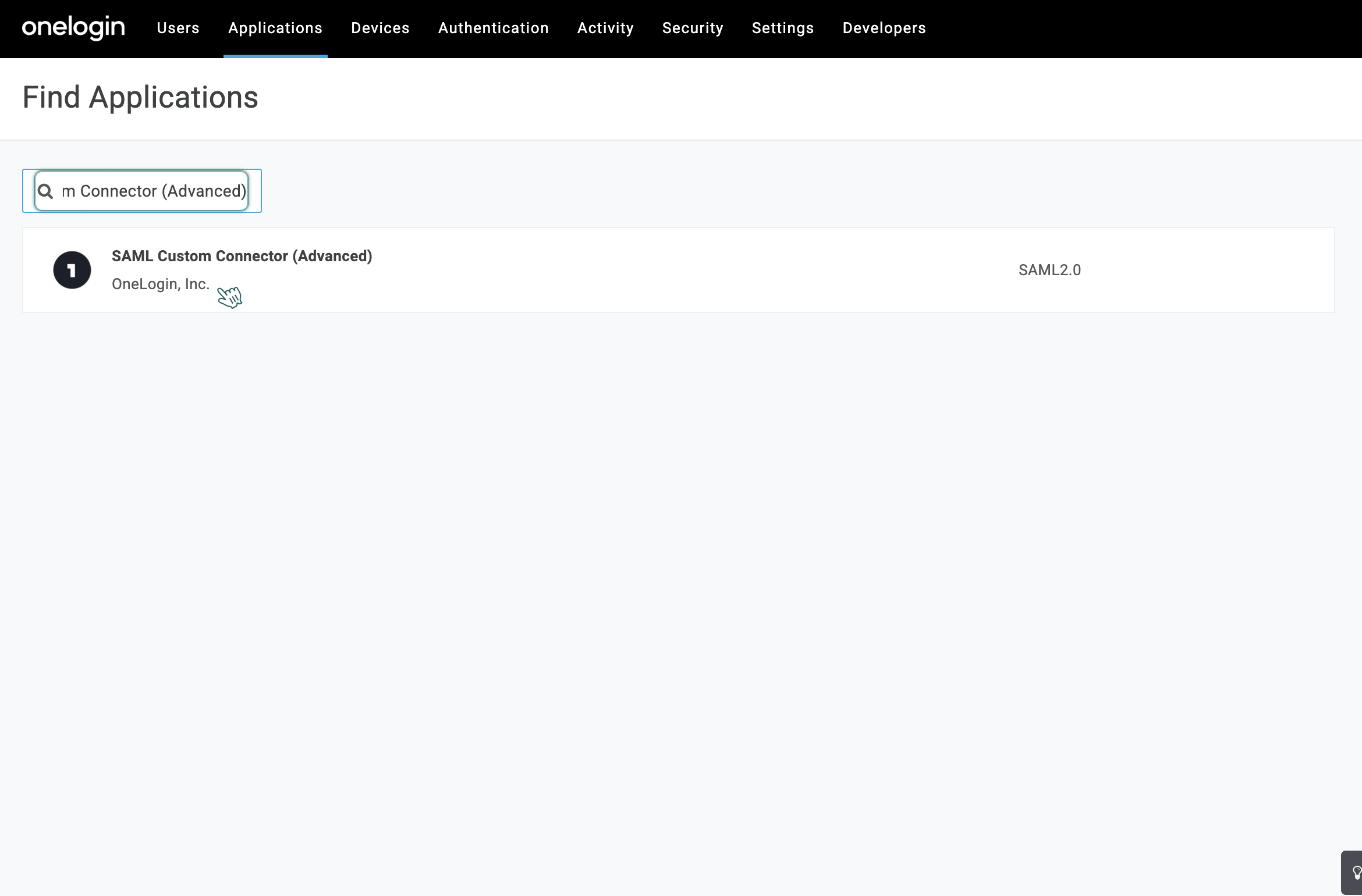OneLogin application catalog showing SAML Custom Connector (Advanced)