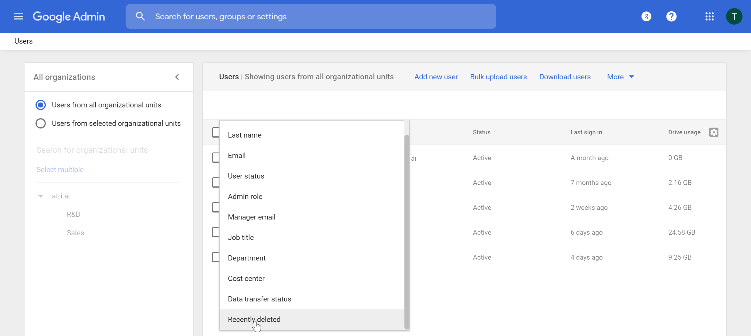 Filter deleted G Suite users