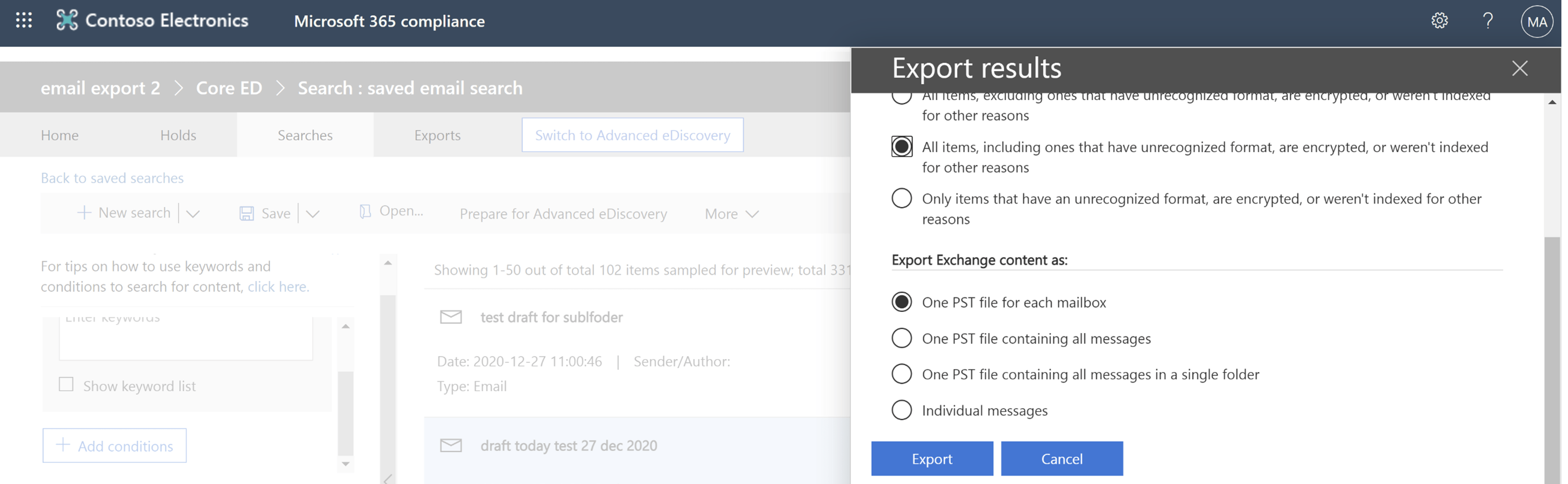 Exchange Online export options
